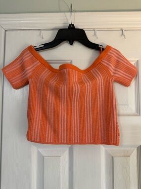 aerie Orange and White Striped Off-Shoulder Ribbed Crop Top